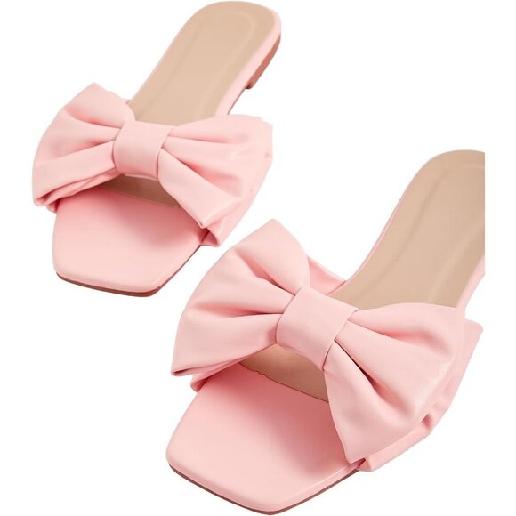 Women's Bow Pink Square Open Toe Breathable Slip On Slide Sandals Flat Shoes - Picture 3 of 5